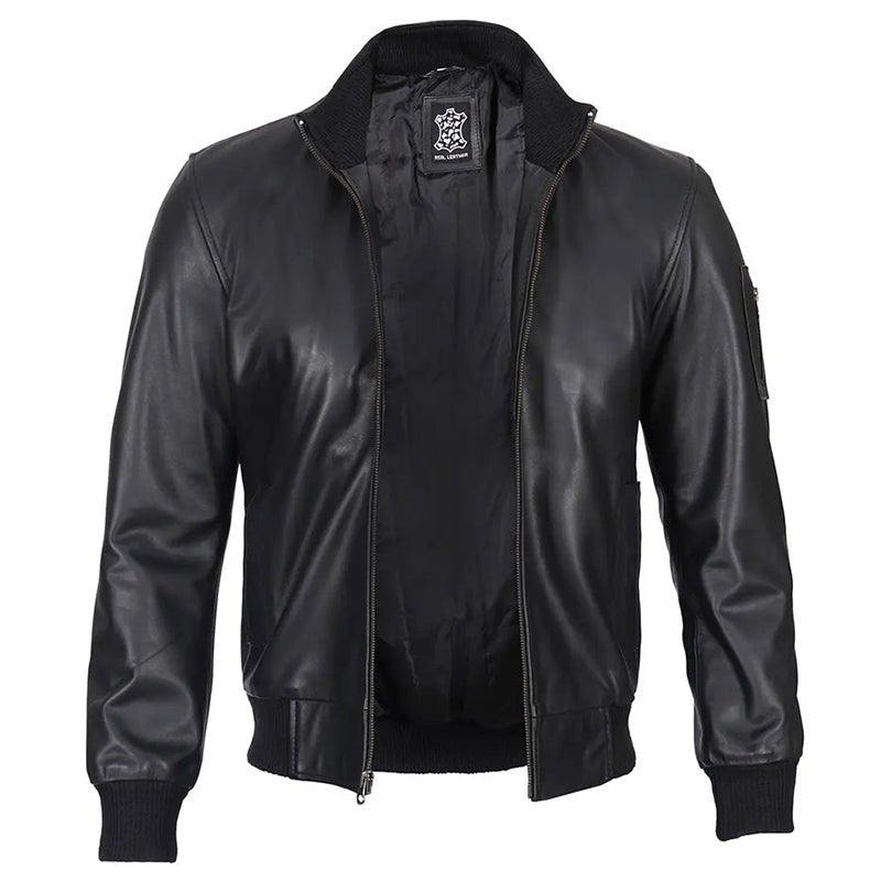 Mens Black Slim Fit Bomber Leather Jacket - Echo Leather