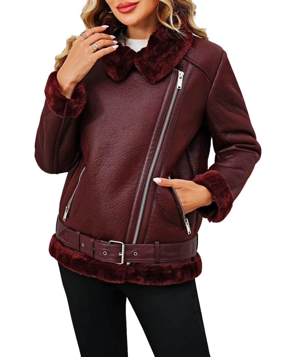 Winter Maroon Shearling Leather Jacket For Women's - Echo Leather