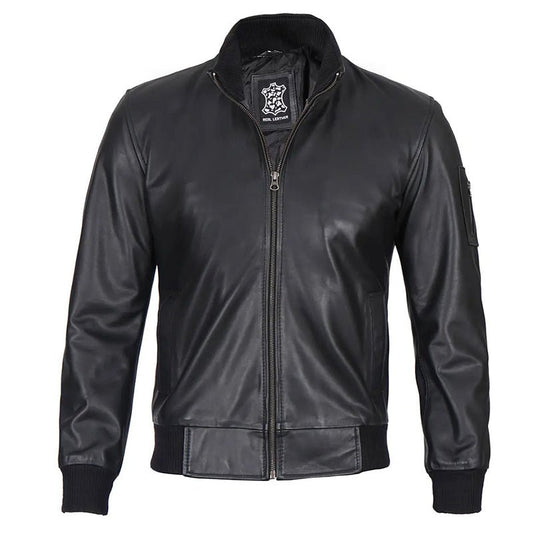 Mens Black Slim Fit Bomber Leather Jacket - Echo Leather
