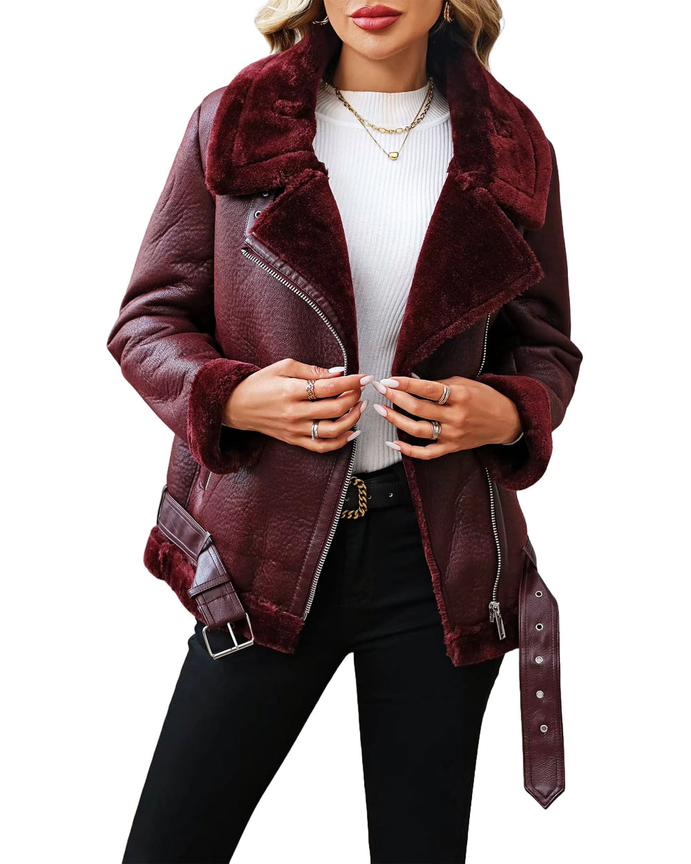 Winter Maroon Shearling Leather Jacket For Women's - Echo Leather