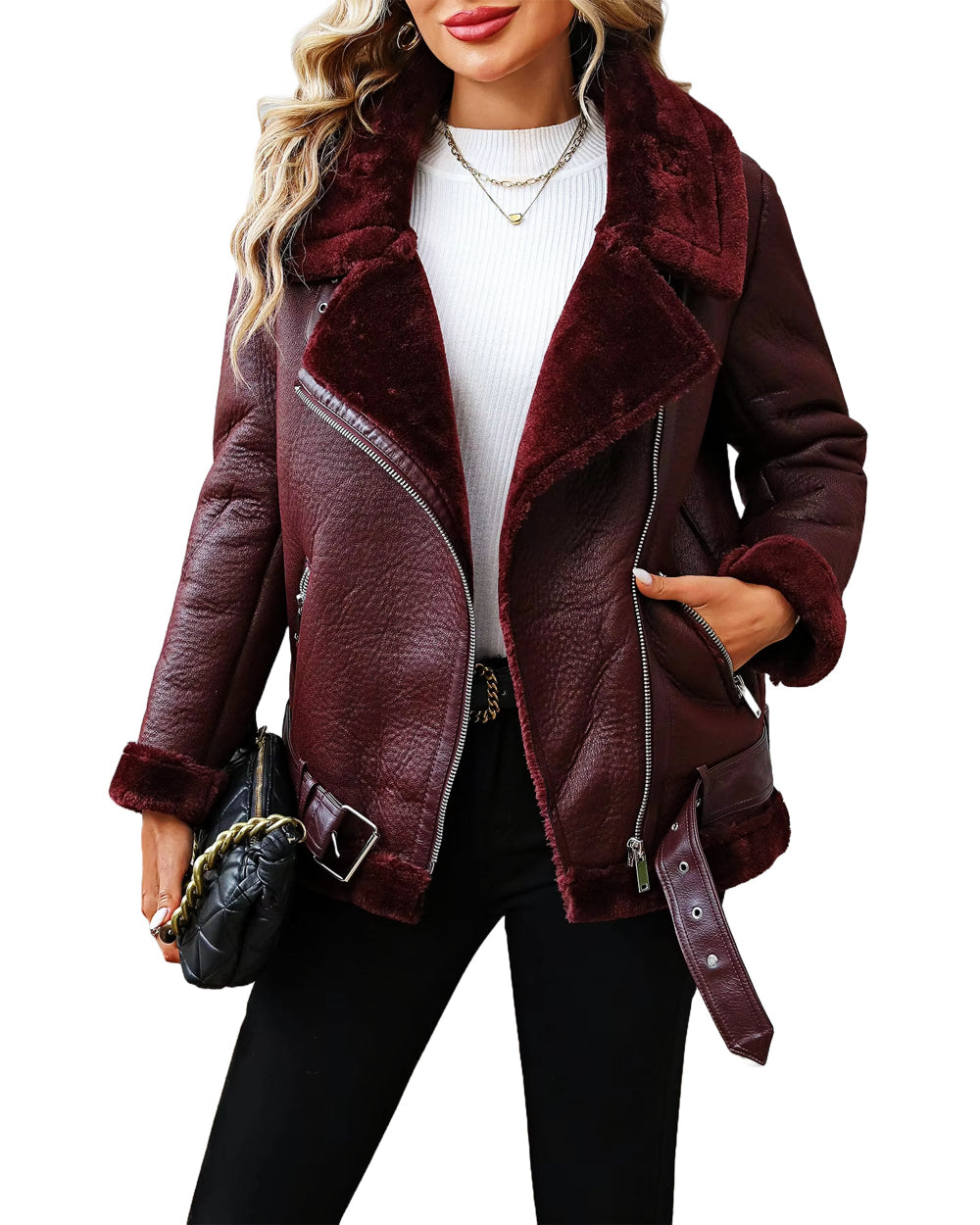 Winter Maroon Shearling Leather Jacket For Women's - Echo Leather