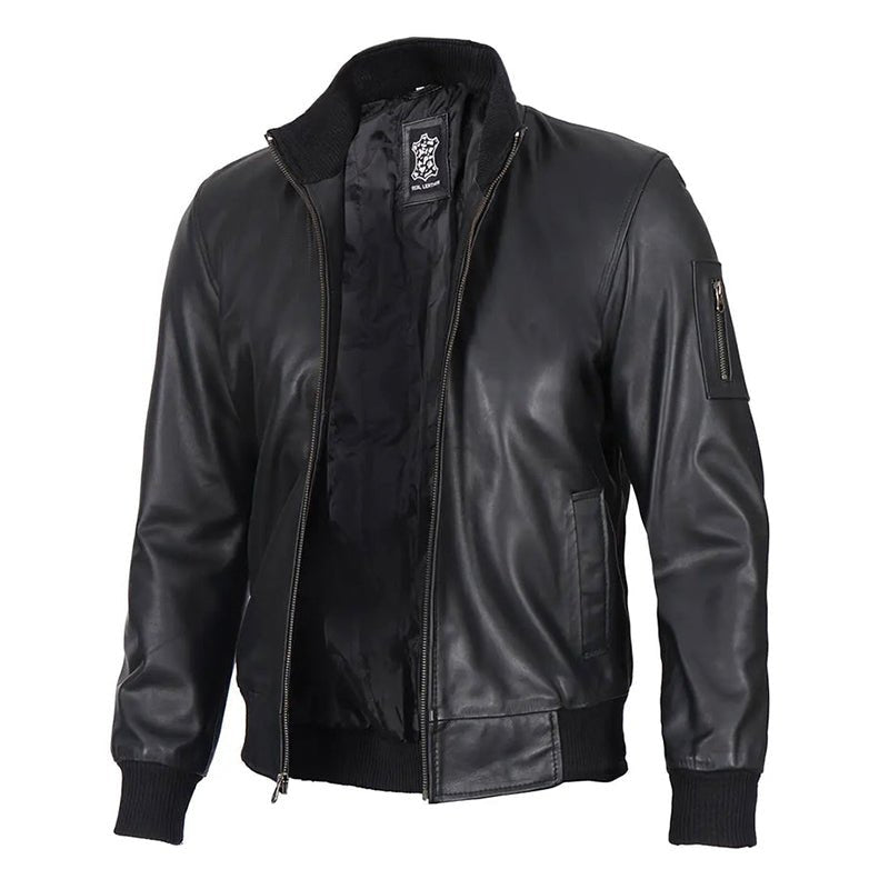 Mens Black Slim Fit Bomber Leather Jacket - Echo Leather