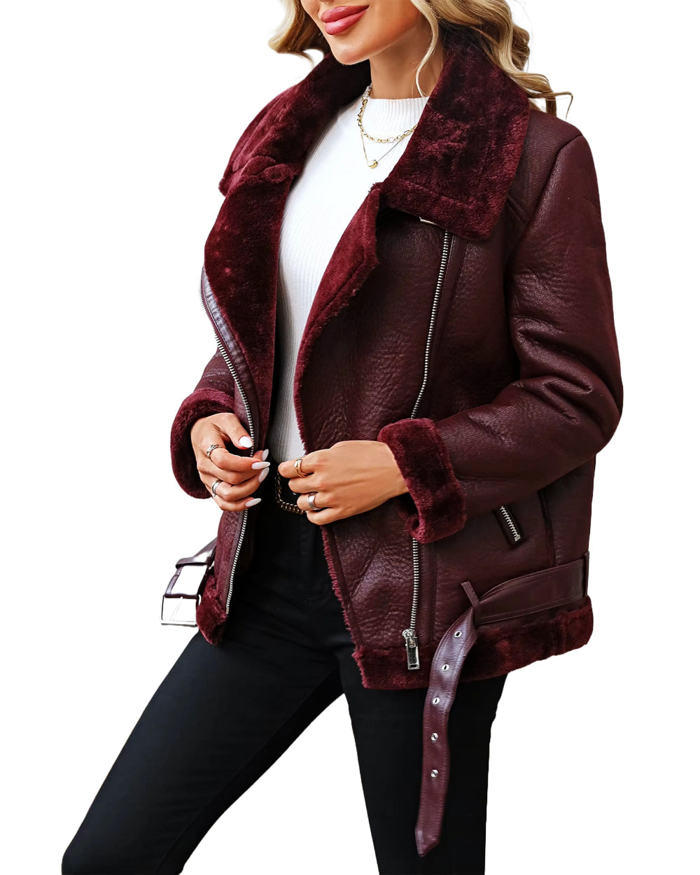 Winter Maroon Shearling Leather Jacket For Women's - Echo Leather