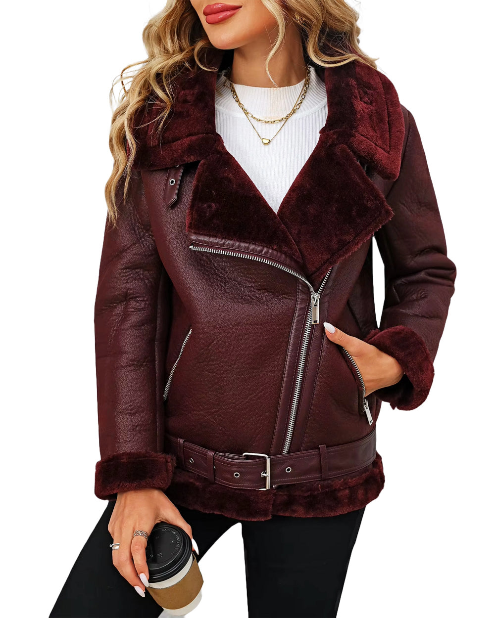 Winter Maroon Shearling Leather Jacket For Women's - Echo Leather