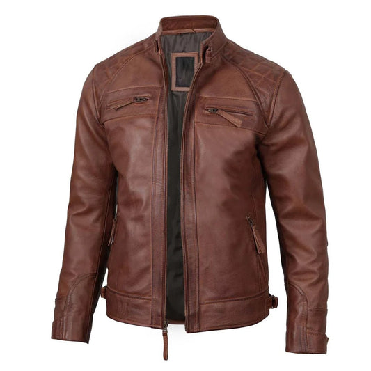 Brown Quilted Cafe Racer Leather Jacket - Echo Leather