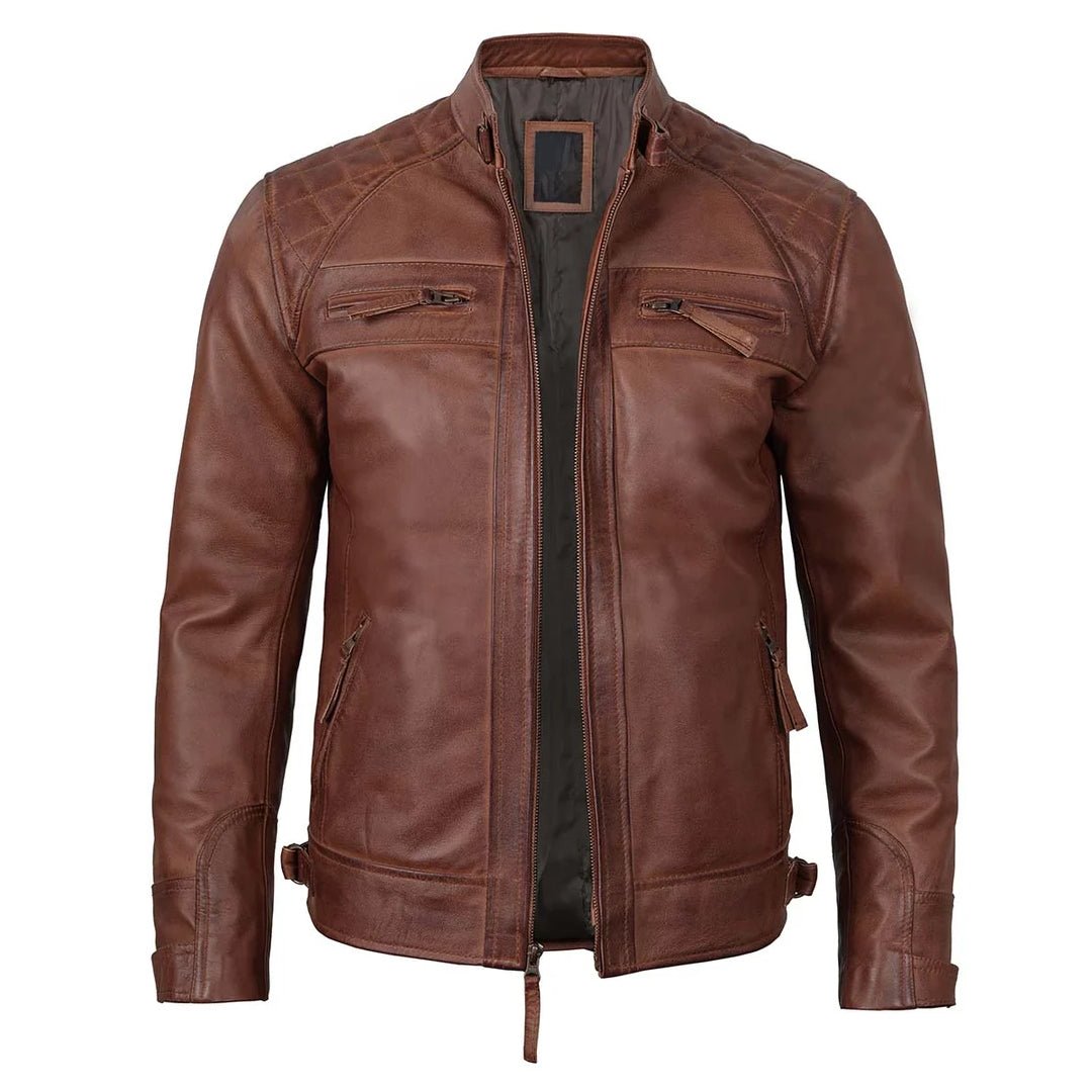 Brown Quilted Cafe Racer Leather Jacket - Echo Leather