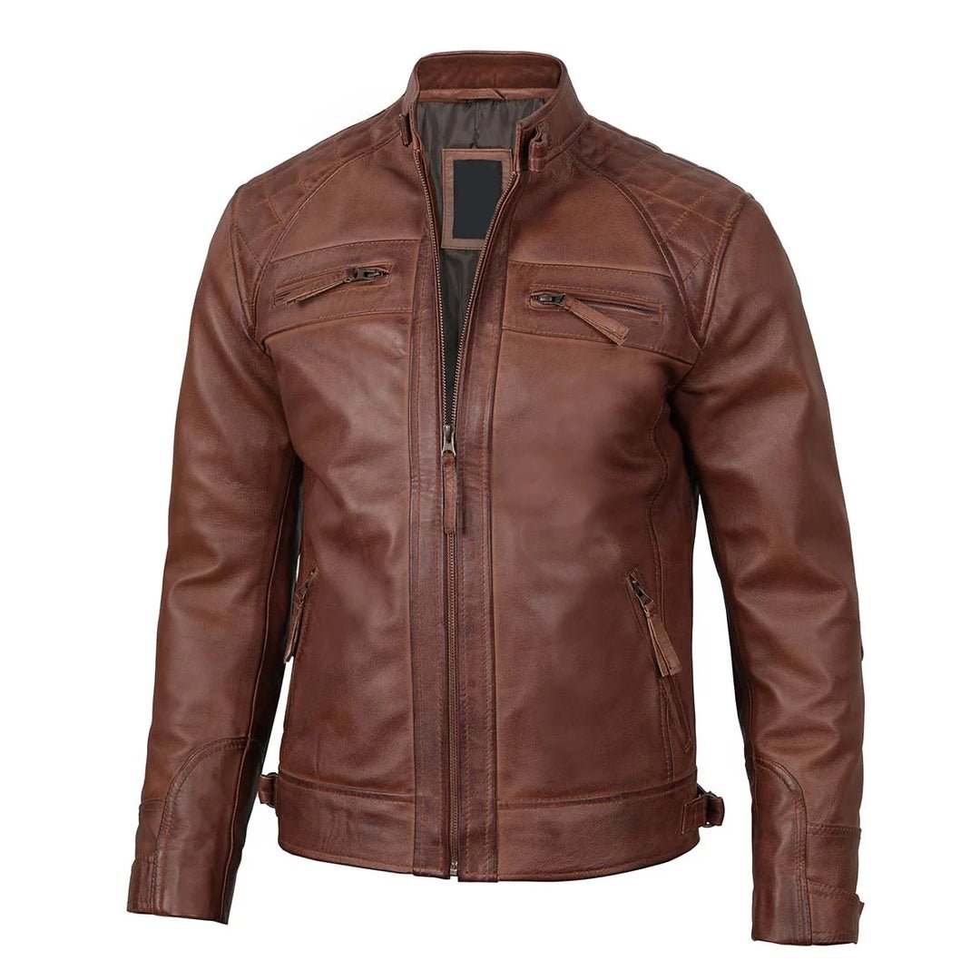 Brown Quilted Cafe Racer Leather Jacket - Echo Leather