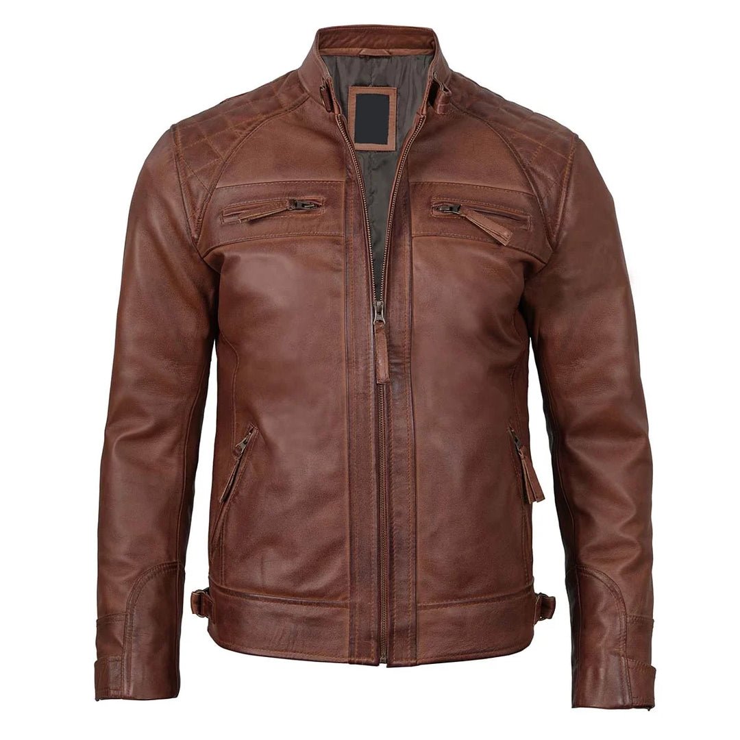 Brown Quilted Cafe Racer Leather Jacket - Echo Leather