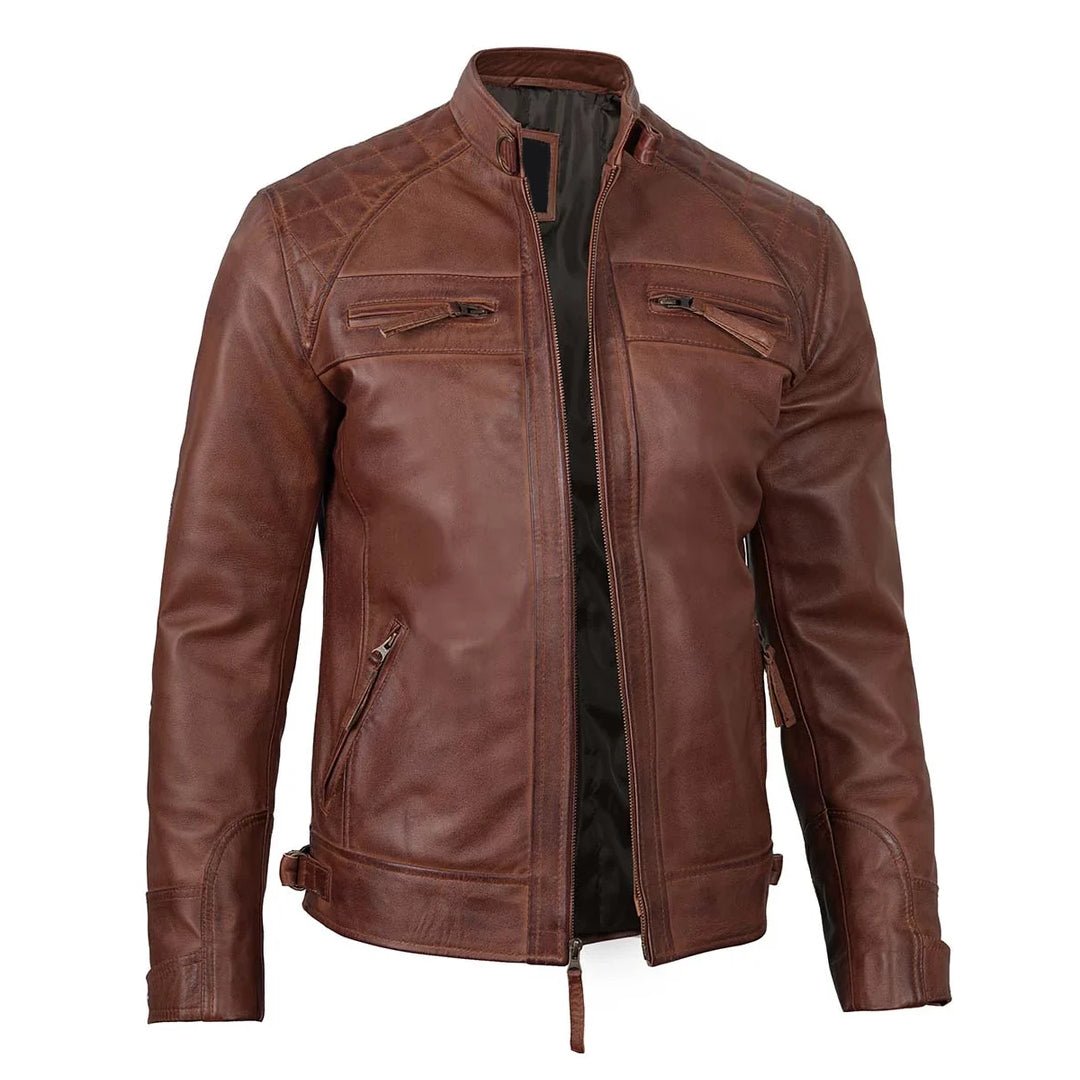 Brown Quilted Cafe Racer Leather Jacket - Echo Leather