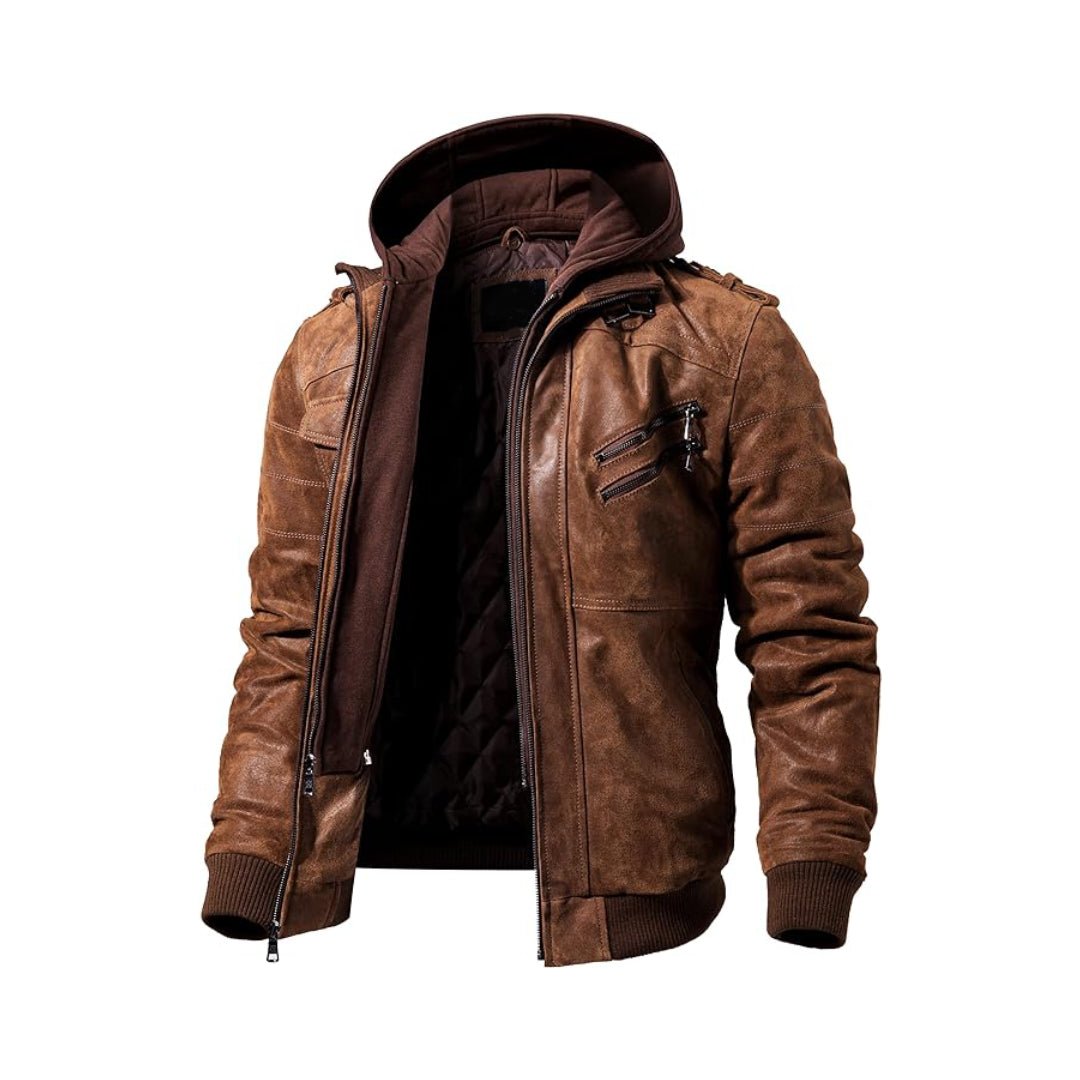 Brown Removable Hood Motorcycle Leather Jacket - Echo Leather