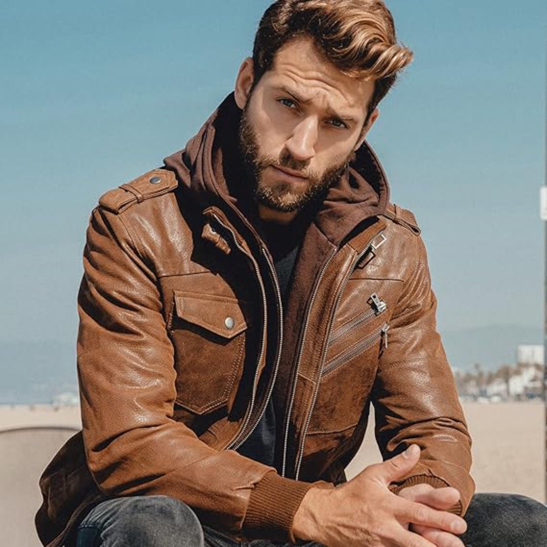 Brown Removable Hood Motorcycle Leather Jacket - Echo Leather