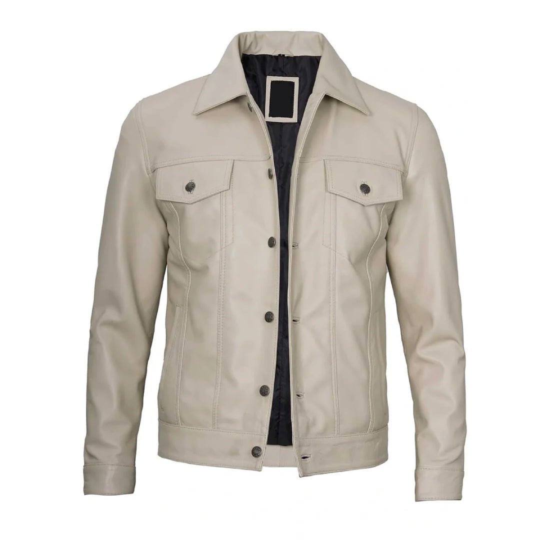 Classic Beige Real Leather Trucker Jacket - Echo Leather