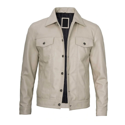 Classic Beige Real Leather Trucker Jacket - Echo Leather
