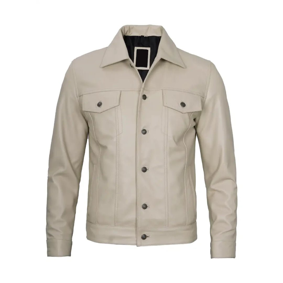 Classic Beige Real Leather Trucker Jacket - Echo Leather