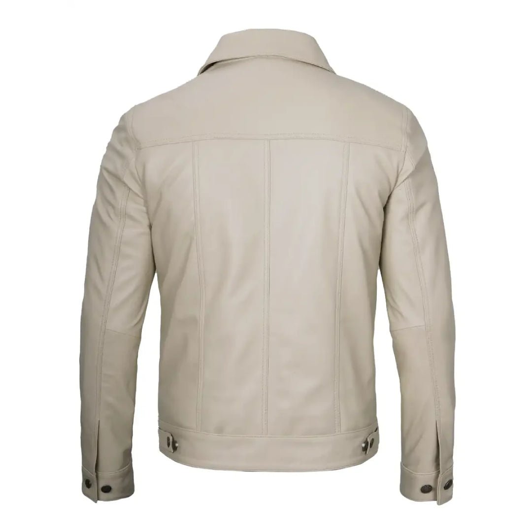 Classic Beige Real Leather Trucker Jacket - Echo Leather