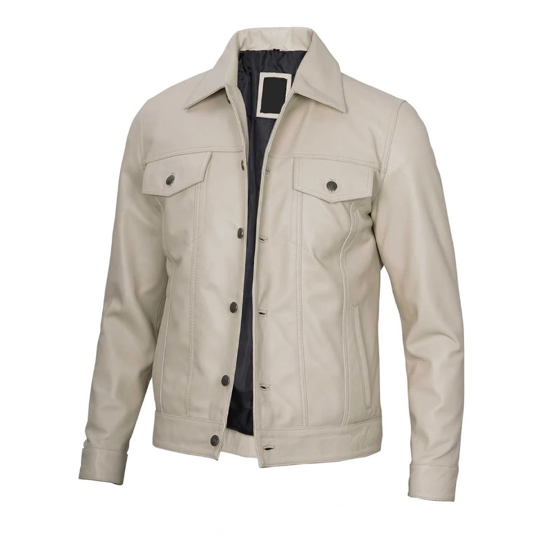 Classic Beige Real Leather Trucker Jacket - Echo Leather