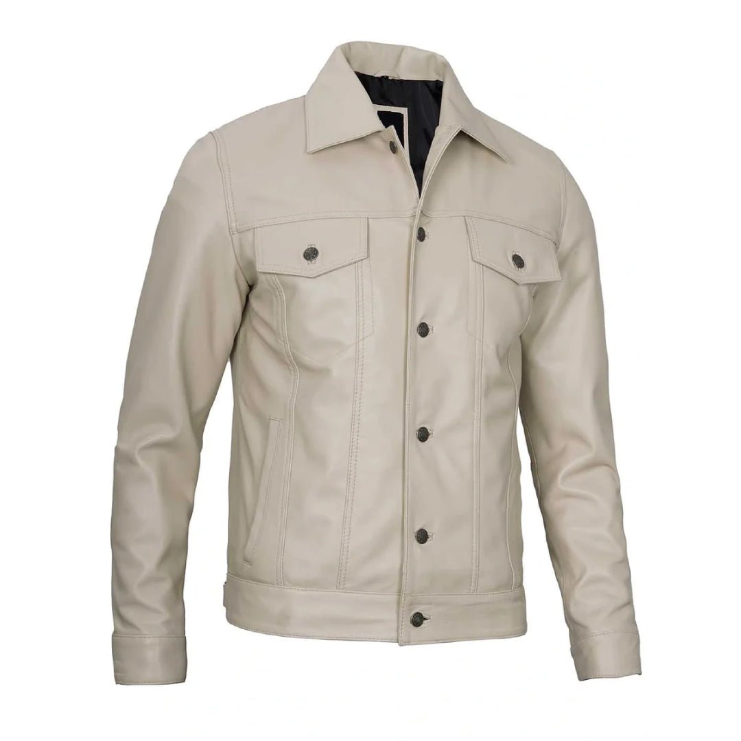 Classic Beige Real Leather Trucker Jacket - Echo Leather