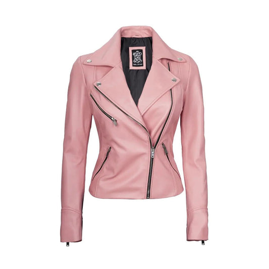Women's Pink Lambskin Real Leather Biker Jacket - Echo Leather