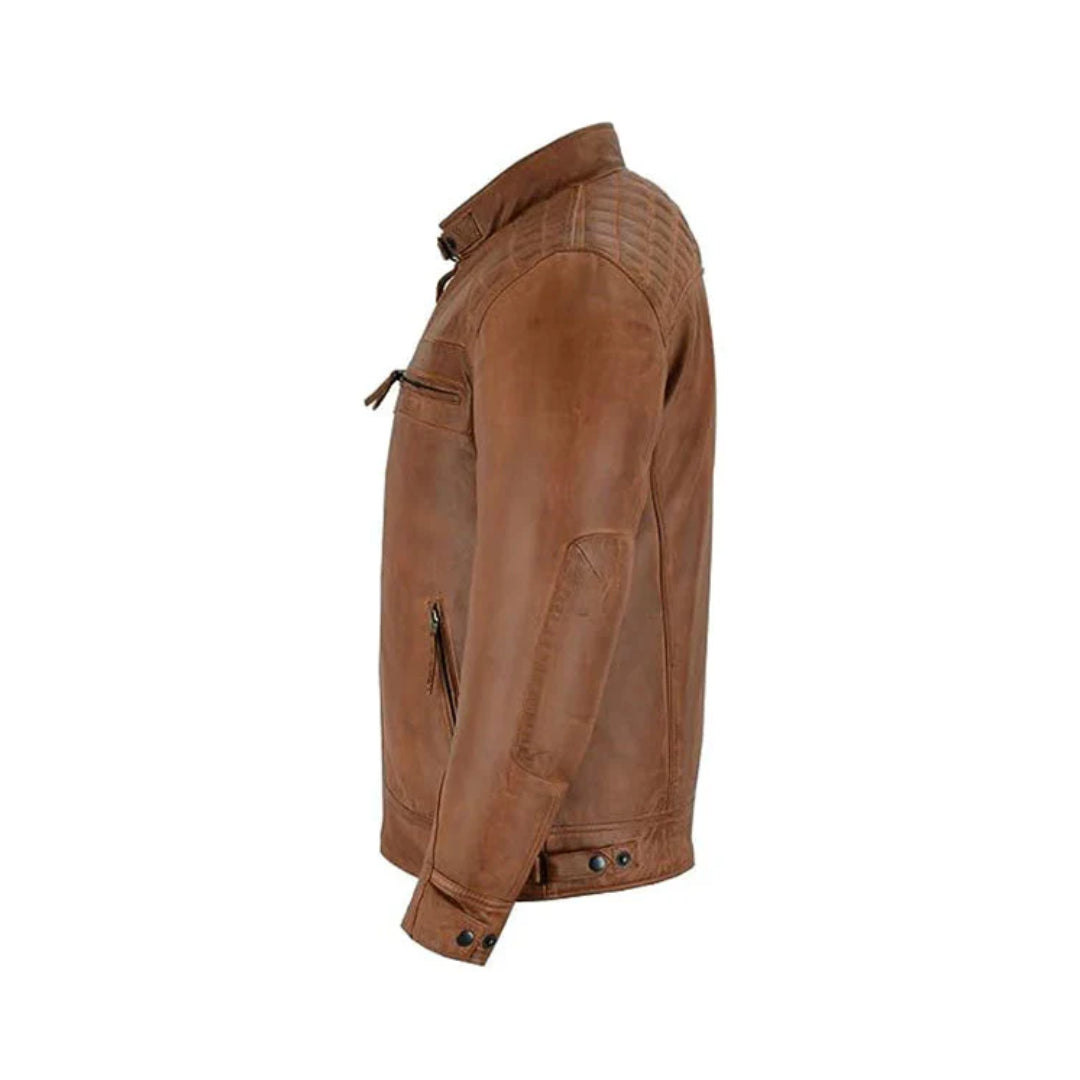 Men's Cafe Racer Waxed Lambskin Austin Brown Leather Jacket
