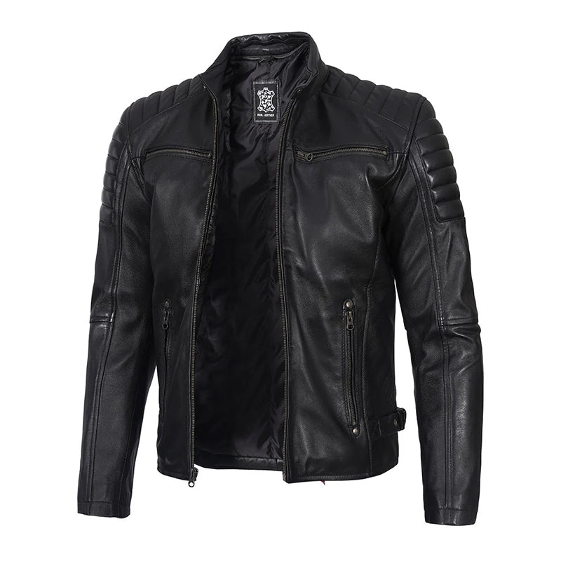 Mens Black Cafe Racer Leather Jacket - Echo Leather