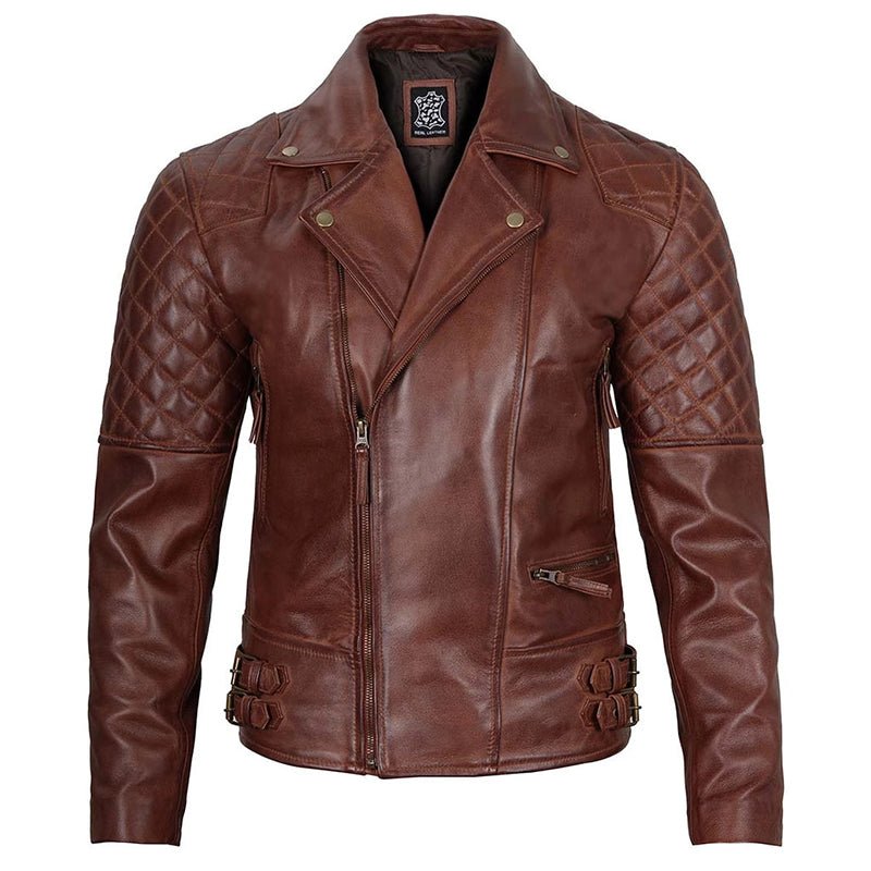 Mens Distressed Dark Brown Cafe Racer Quilted Motorcycle Leather Jacket - Echo Leather