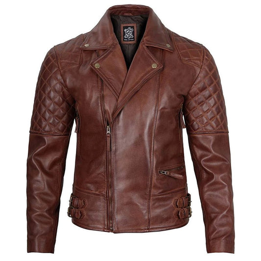 Mens Distressed Dark Brown Cafe Racer Quilted Motorcycle Leather Jacket - Echo Leather