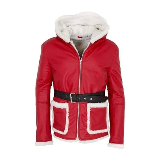 Red Santa Claus Cosplay Leather Hooded Jacket - Echo Leather