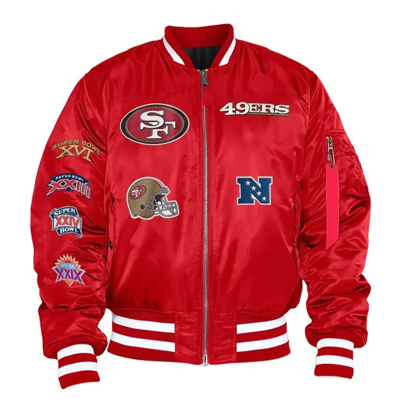 San Francisco 49ers Red Satin Bomber Jacket - Echo Leather