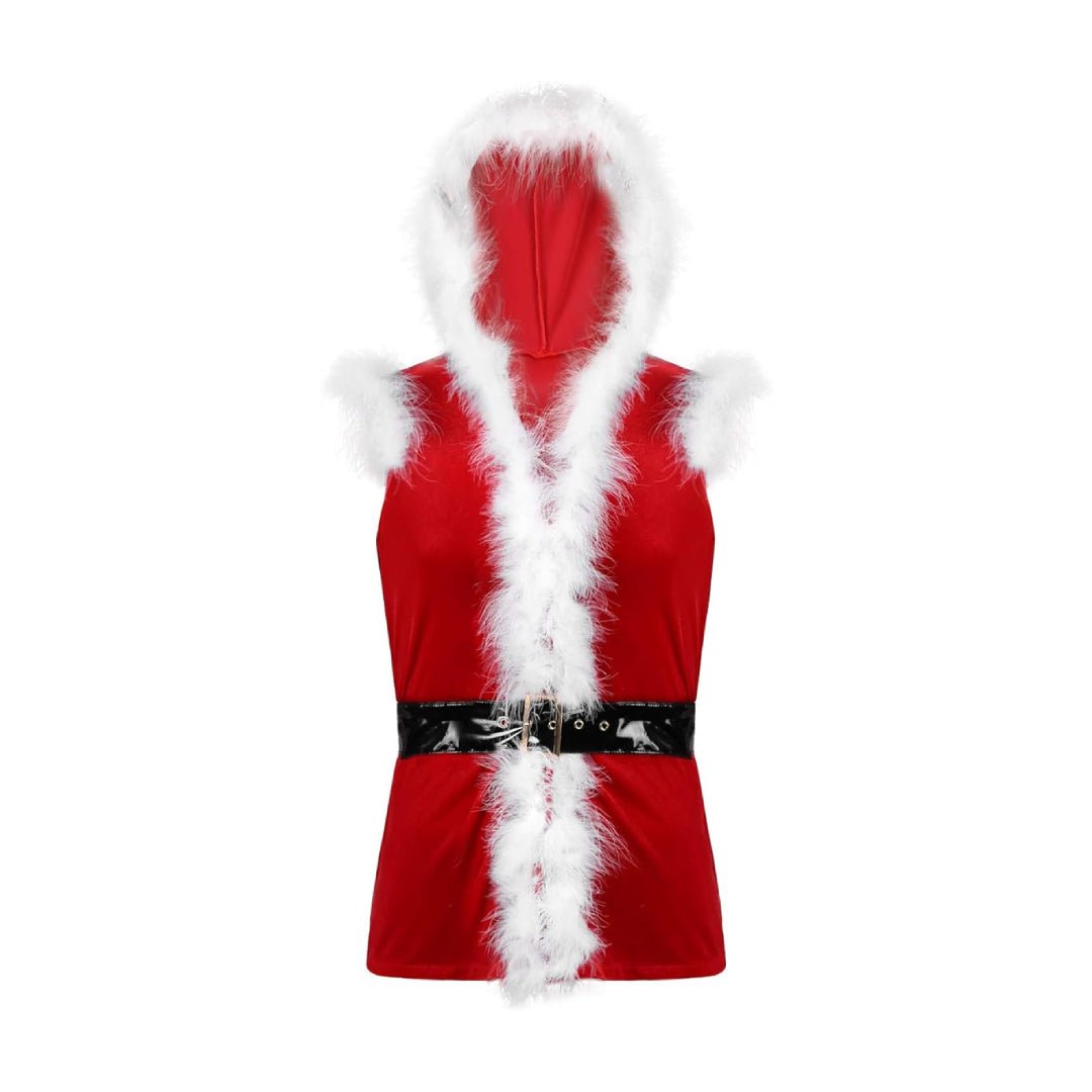 Santa Claus Costume Sleeveless Hooded Leather Jacket | Echo Leather