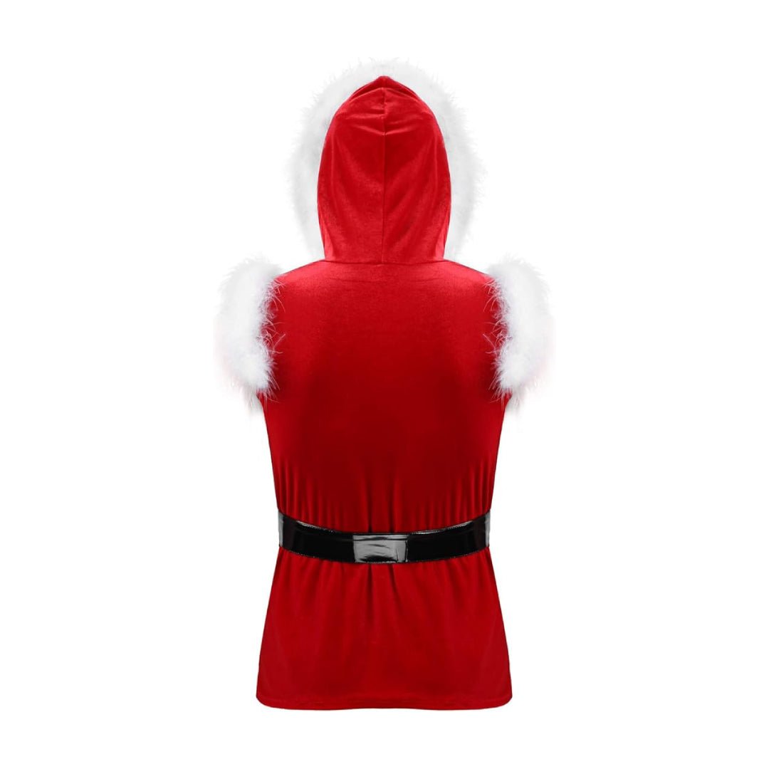 Santa Claus Costume Sleeveless Hooded Leather Jacket | Echo Leather