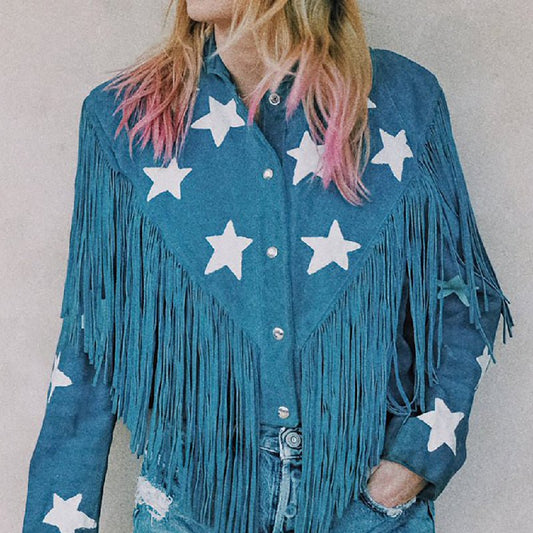 Taylor Swift Stars Fringes Blue Cotton Jacket - Echo Leather
