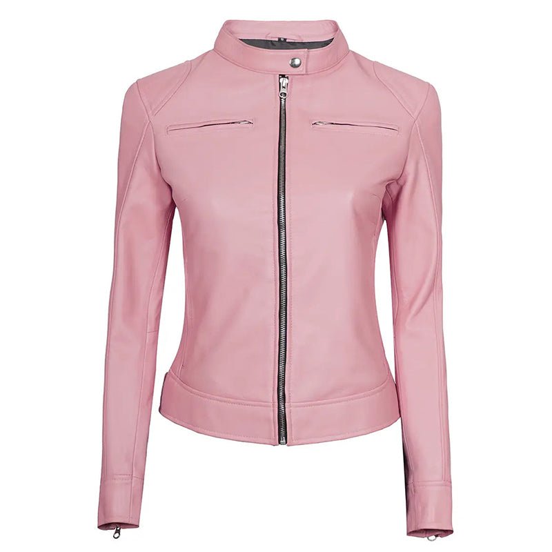 Women Pink Cafe Racer Leather Jacket - Echo Leather